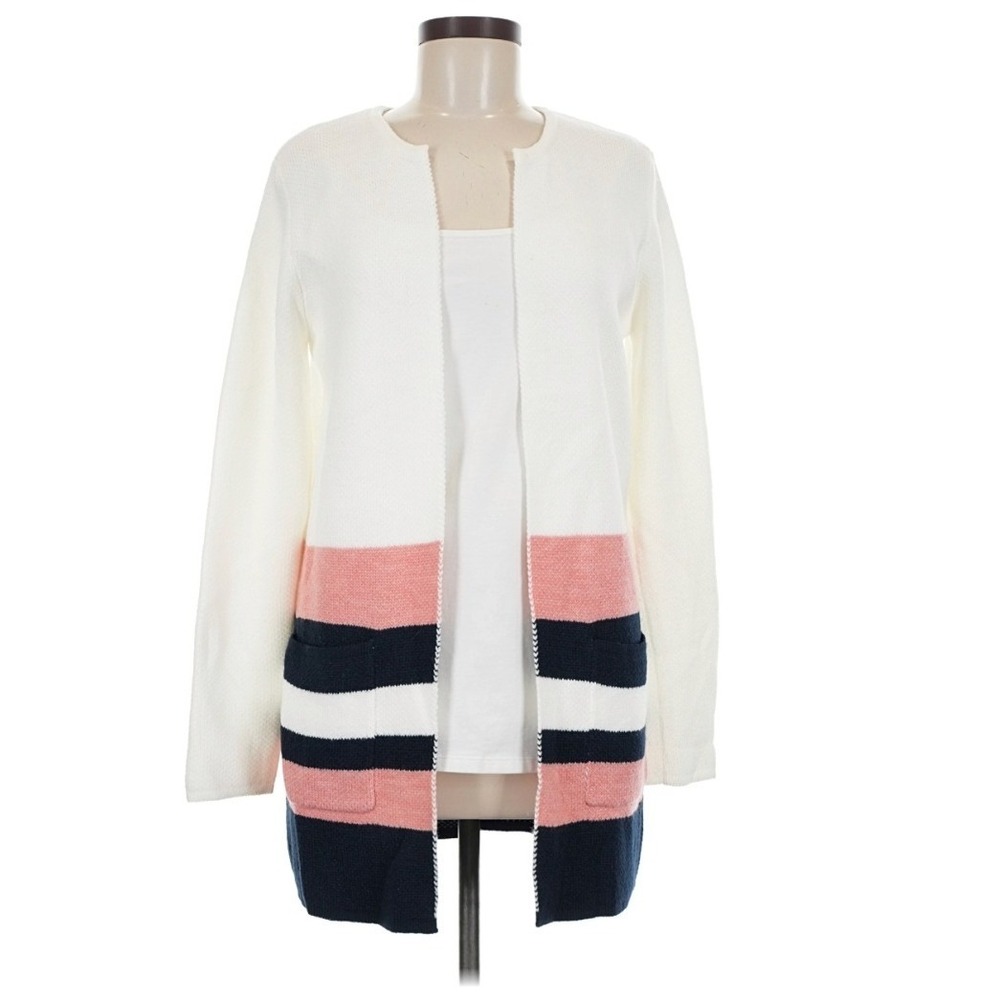 Loft Women's Sz Small Open Front Duster Cardigan Sweater White Colorblock Stripe